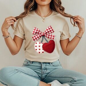 Valentine's Day Gingham Bow & Fabric Heart Cherries T-shirt S M L XL New Sand